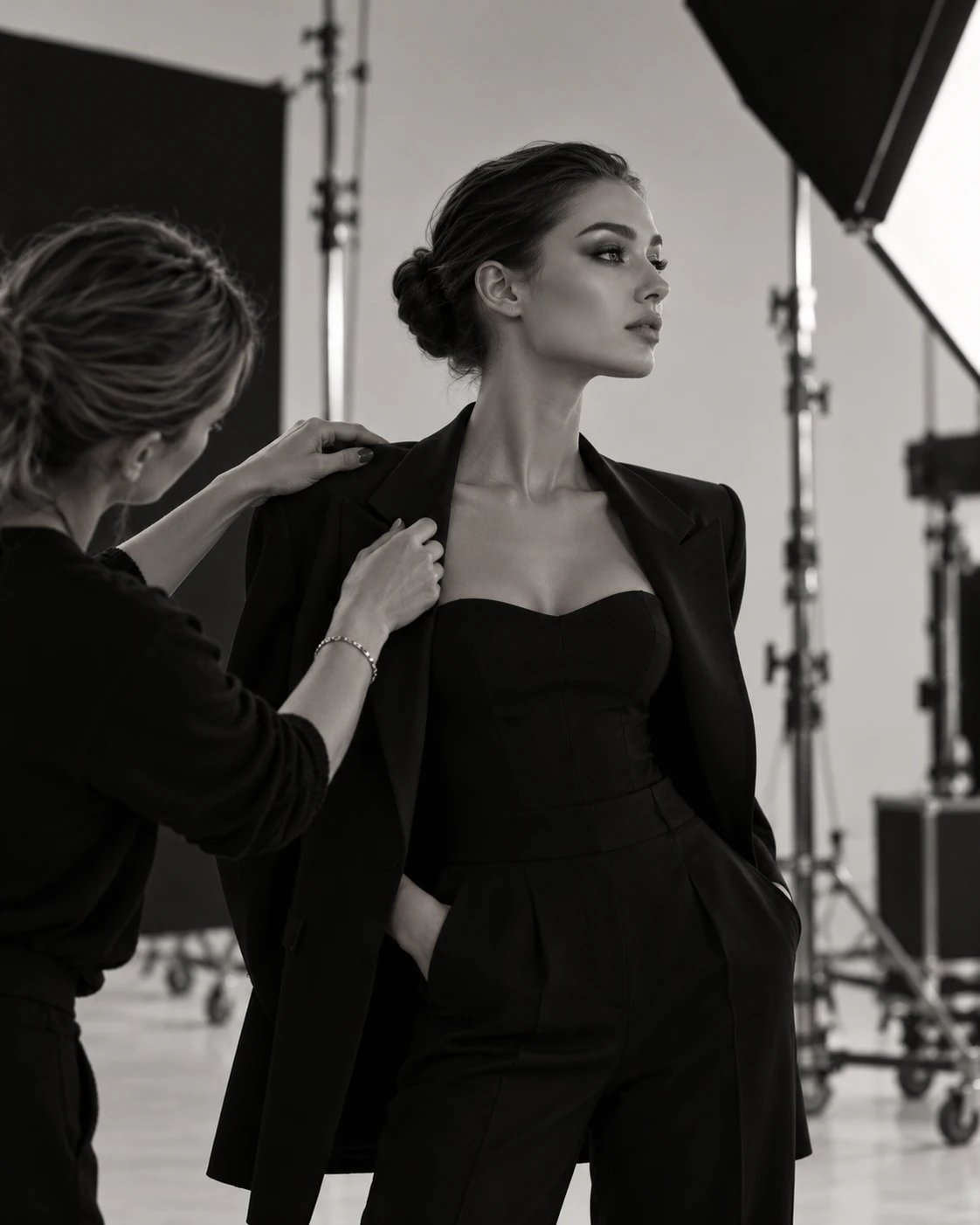 A stylist fitting a jacket on a model in a studio