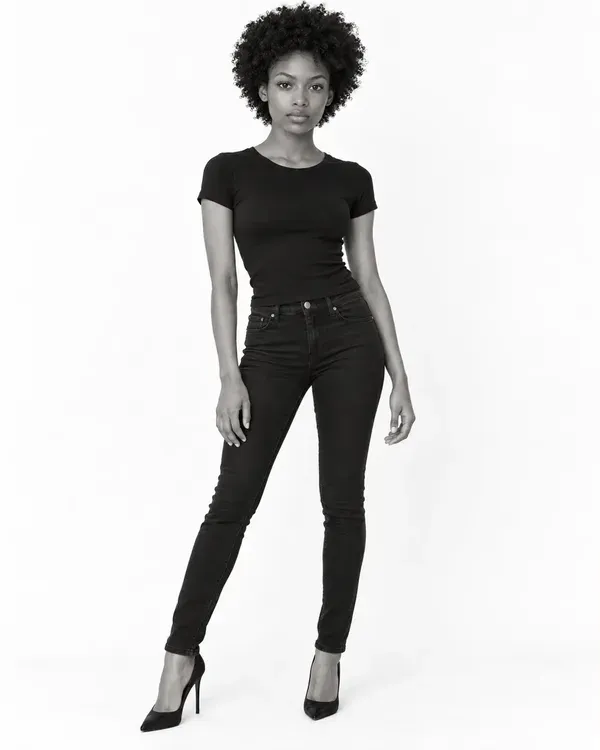 Three black and white photos of a model, laid out as they would be on a comp card