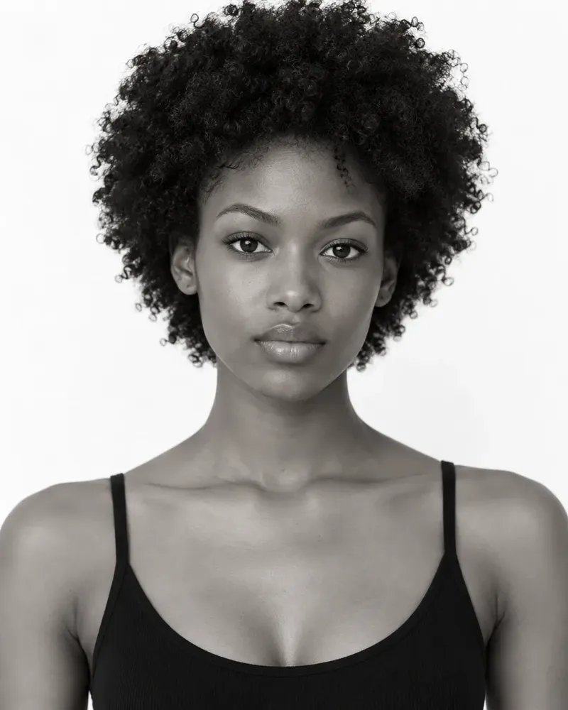 Three black and white photos of a model, laid out as they would be on a comp card