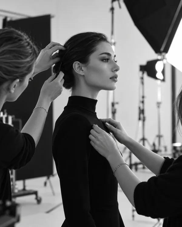 Black and white photographs from a shoot: a makeup artist applying eye makeup while a hand holds a phone showing a close-up, and a stylist arranging a model's hair on set