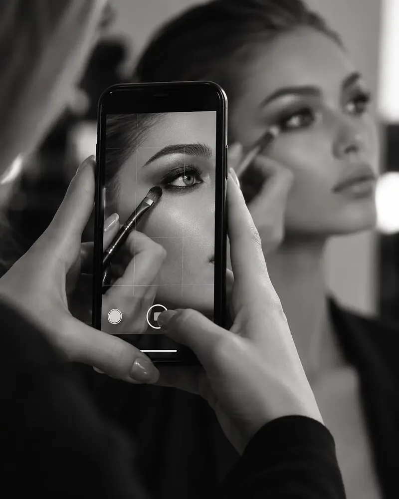 Black and white photographs from a shoot: a makeup artist applying eye makeup while a hand holds a phone showing a close-up, and a stylist arranging a model's hair on set