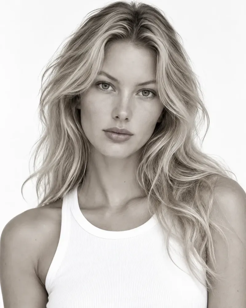 Three black and white photos of a model, laid out as they would be on a comp card
