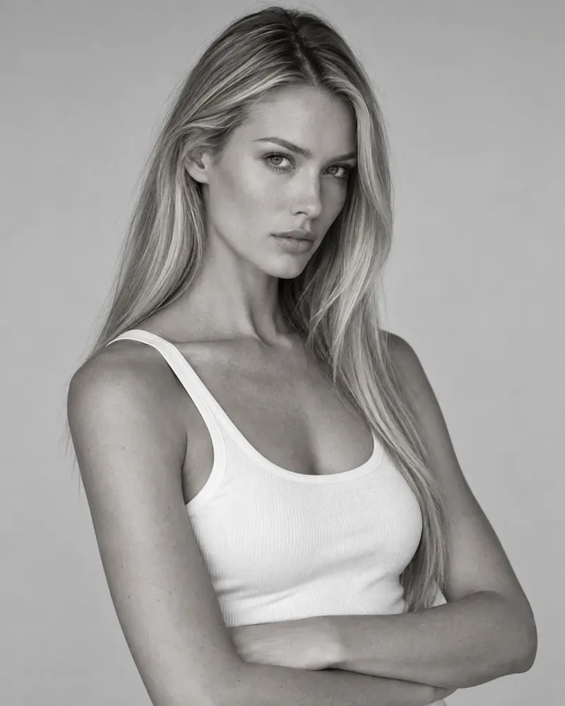 Three black and white photos of a model, laid out as they would be on a comp card