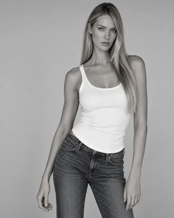 Three black and white photos of a model, laid out as they would be on a comp card