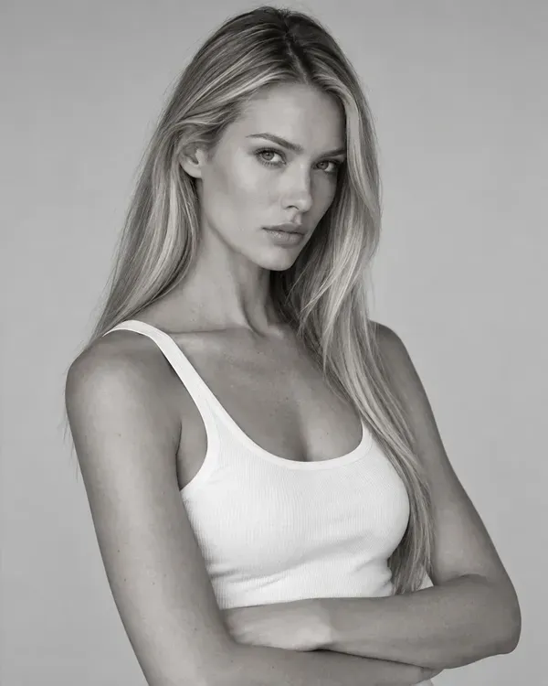 Three black and white photos of a model, laid out as they would be on a comp card
