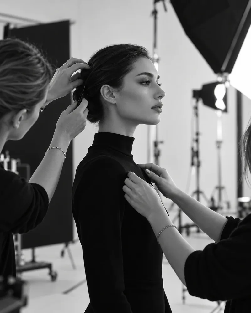 Black and white photographs from a photo studio: a stylist adjusting a model's hair, and a photographer and team working on set
