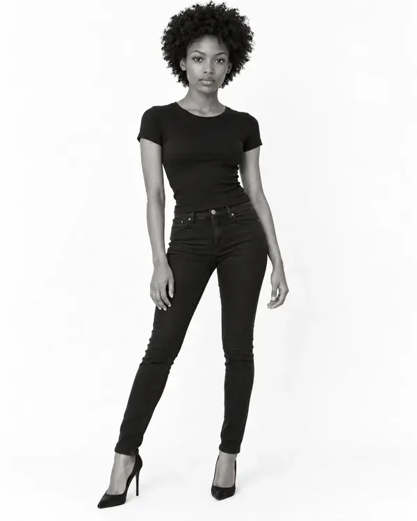 Three black and white photos of a model, laid out as they would be on a comp card