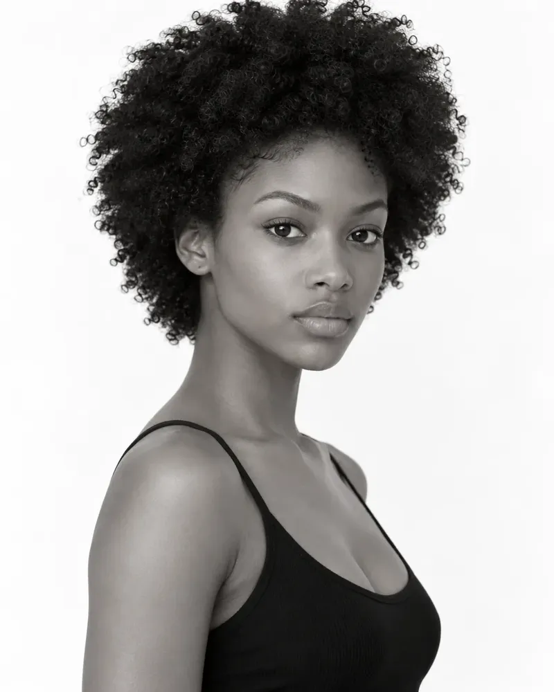 Three black and white photos of a model, laid out as they would be on a comp card