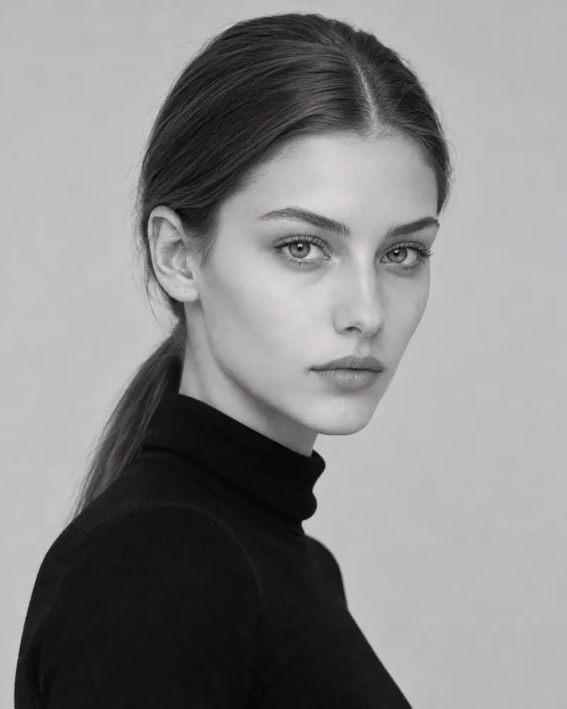 Three black and white photos of a model, laid out as they would be on a comp card