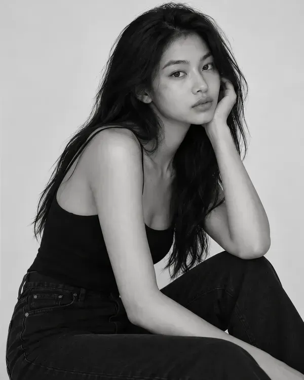 Three black and white photos of a model, laid out as they would be on a comp card