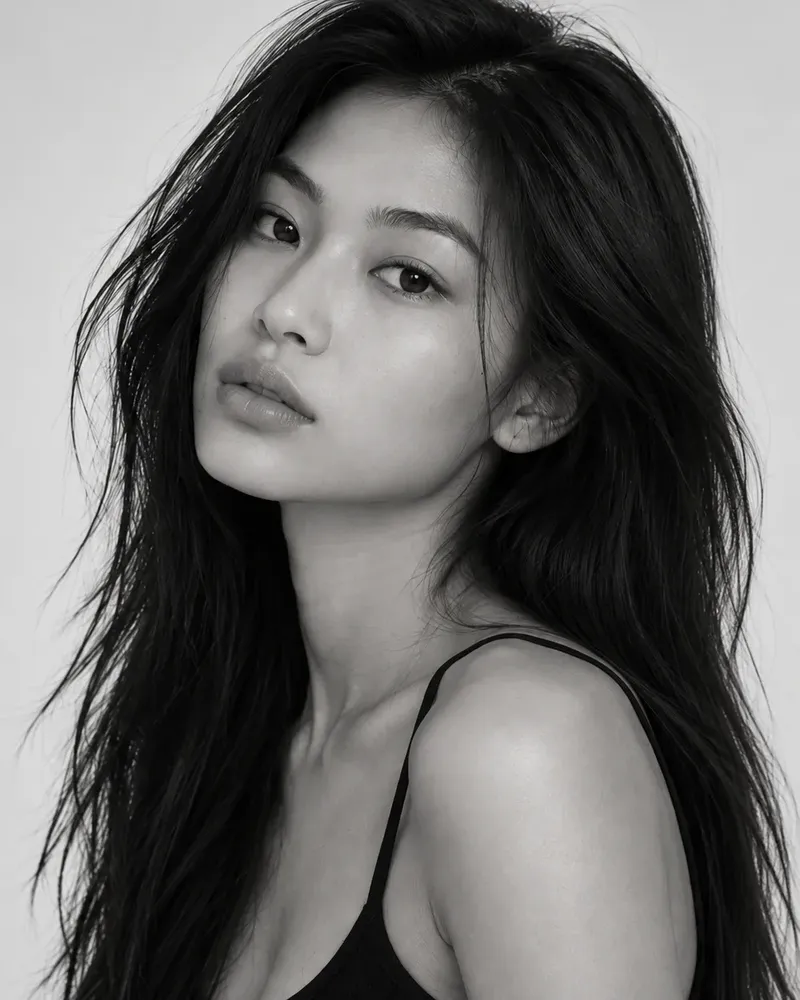 Three black and white photos of a model, laid out as they would be on a comp card