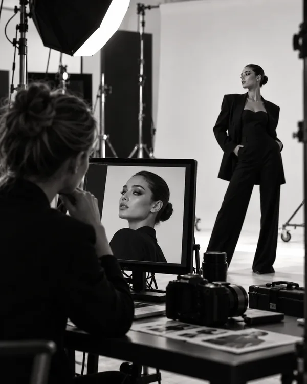 Black and white photographs from a photo shoot: a stylist fitting a jacket on a model on a studio set, and a photographer reviewing the pictures on a monitor