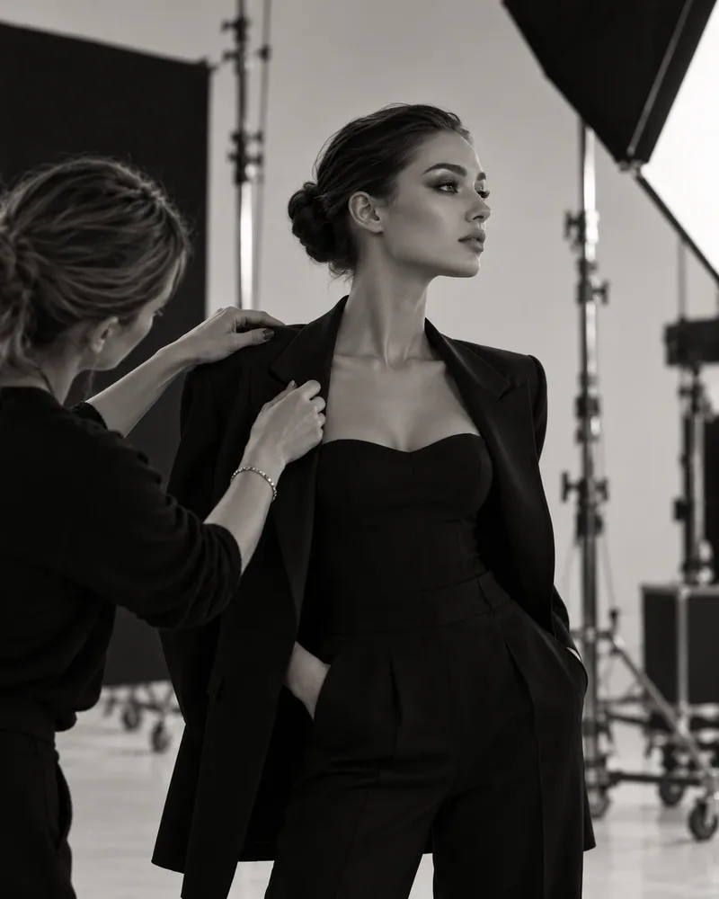 Black and white photographs from a photo shoot: a stylist fitting a jacket on a model on a studio set, and a photographer reviewing the pictures on a monitor