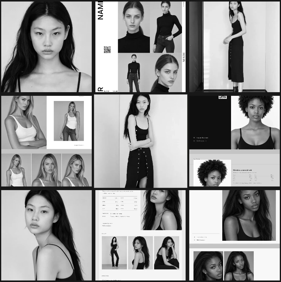 A grid of model comp card examples in different layouts: close-up portraits, a composite sheet, a full-length photo, a studio card and a dark noir card