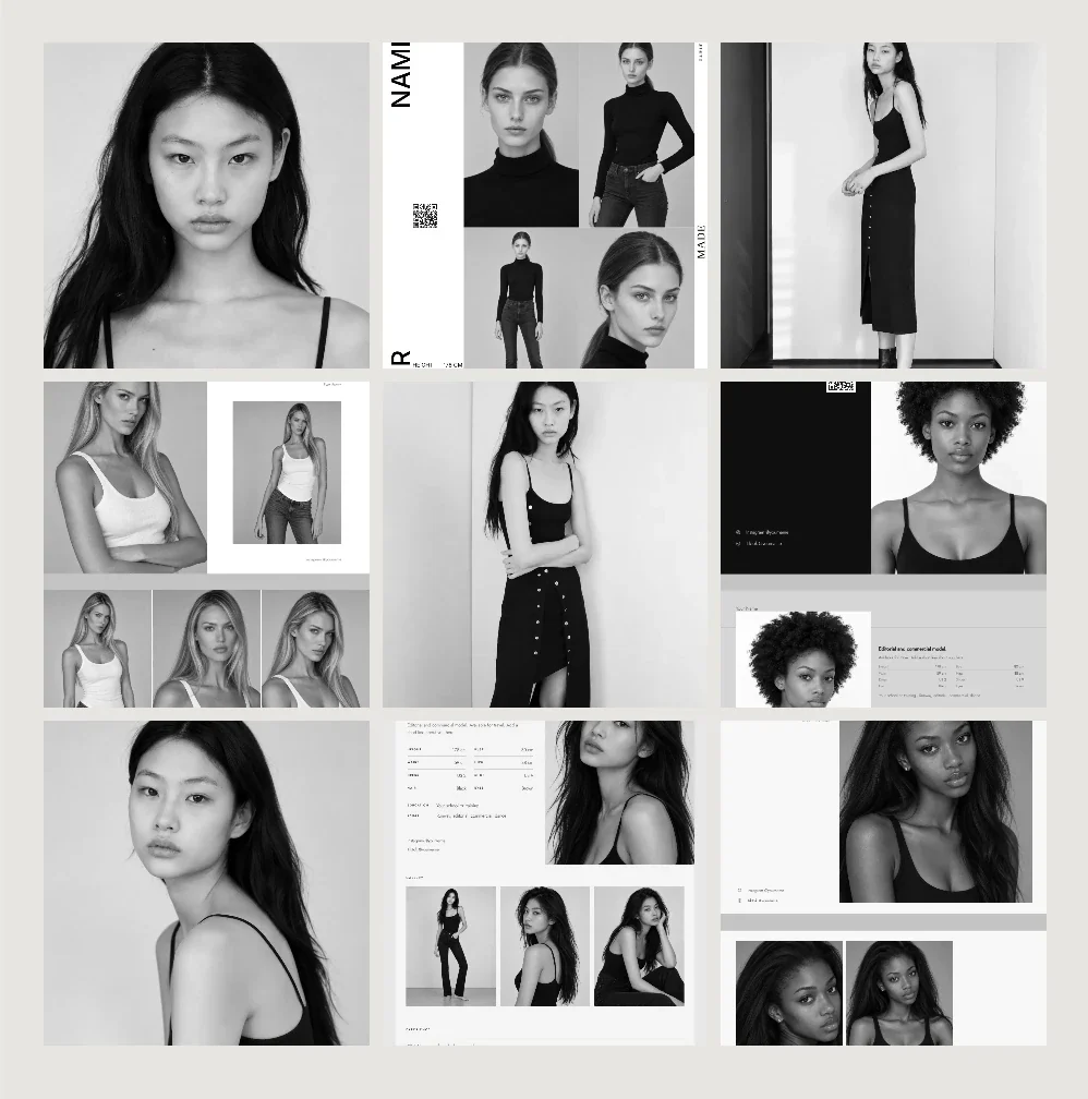 A grid of model comp cards in different designs: portrait, studio, composite and editorial layouts