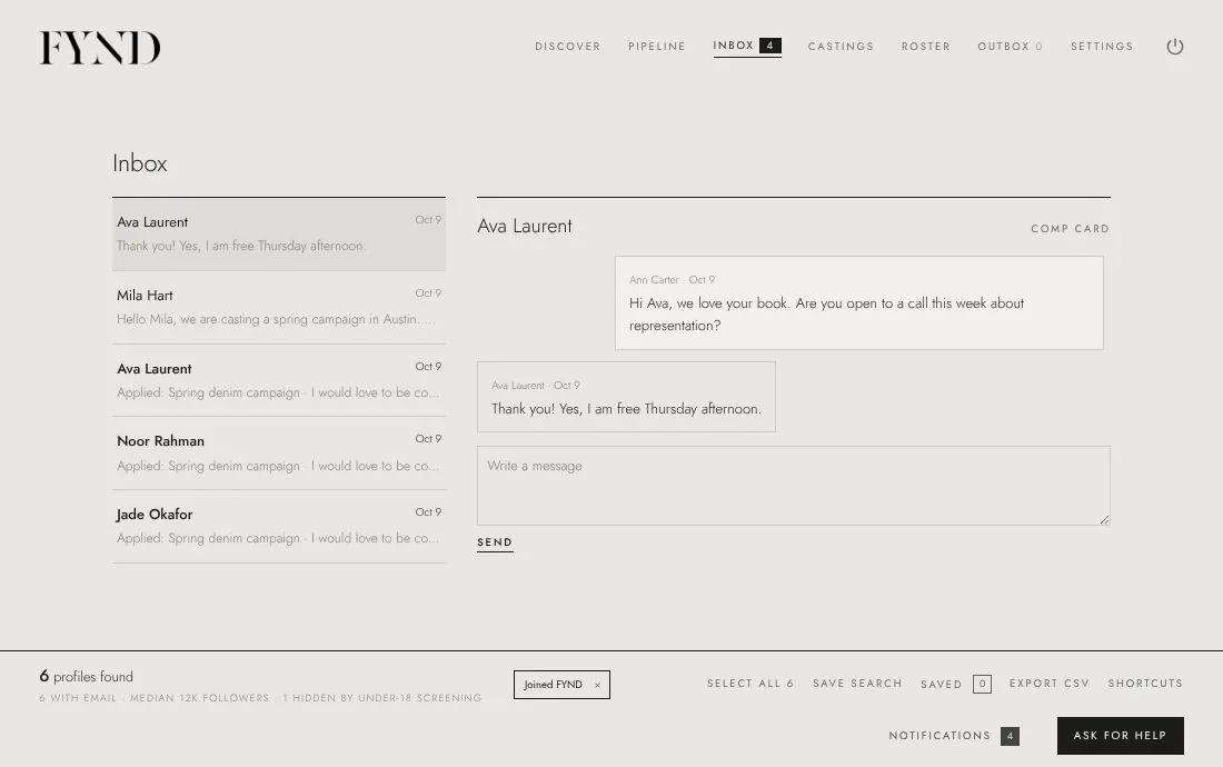The agency inbox with applications and messages