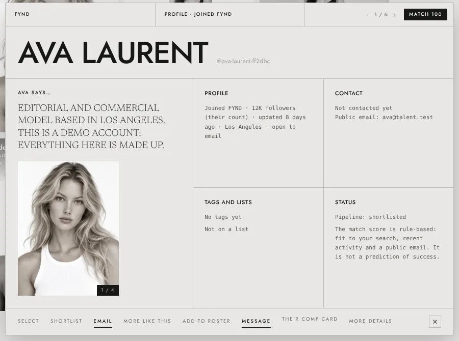 One profile page per person, with shortlist and message