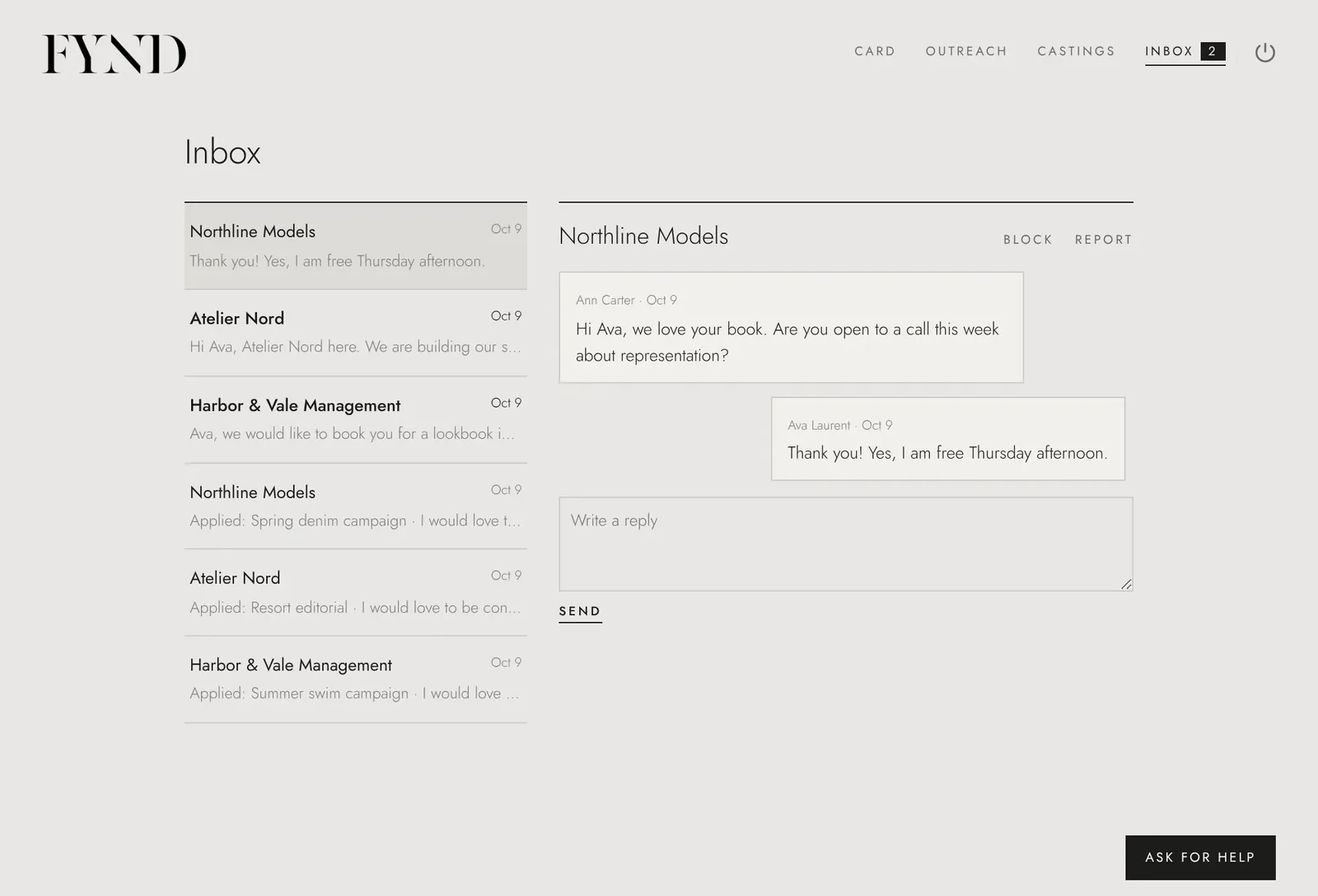 The talent inbox with conversations from agencies